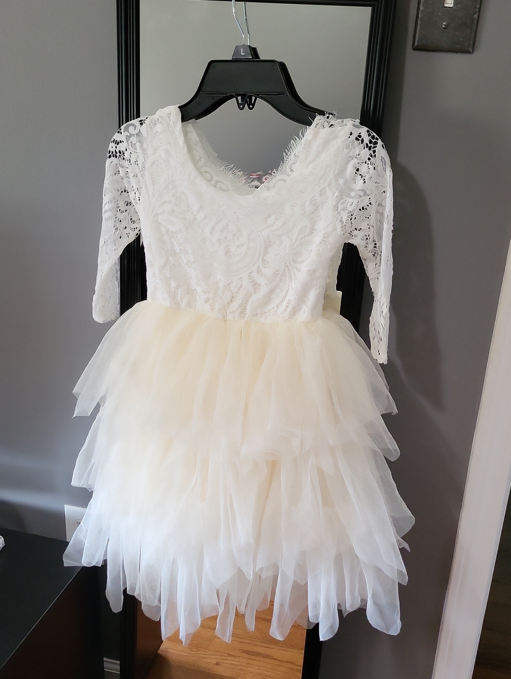 Girls White Lace Bodice Cream Tulle Layered Party Dress